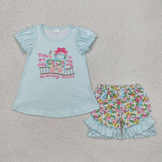 GSSO1643 valentines girls boutique outfit Light Blue short top colored Flower Ruffle pants  RTS 202412