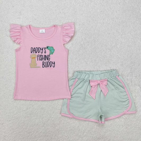 GSSO1673 Embroidered Daddy Puppy fishing Pink Ruffled sleeveless top Green Striped shorts Girls boutique summer outfit 202501