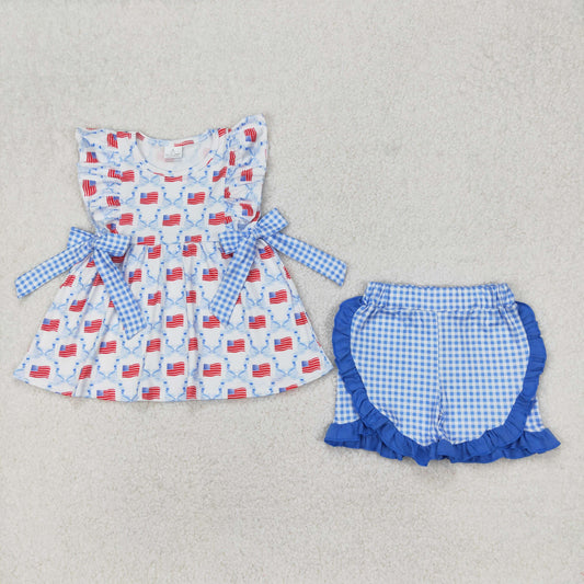 GSSO1684 4th of July blue plaid flag bows ruffle sleeveless top shorts set girls boutique outfits 202503 RTS