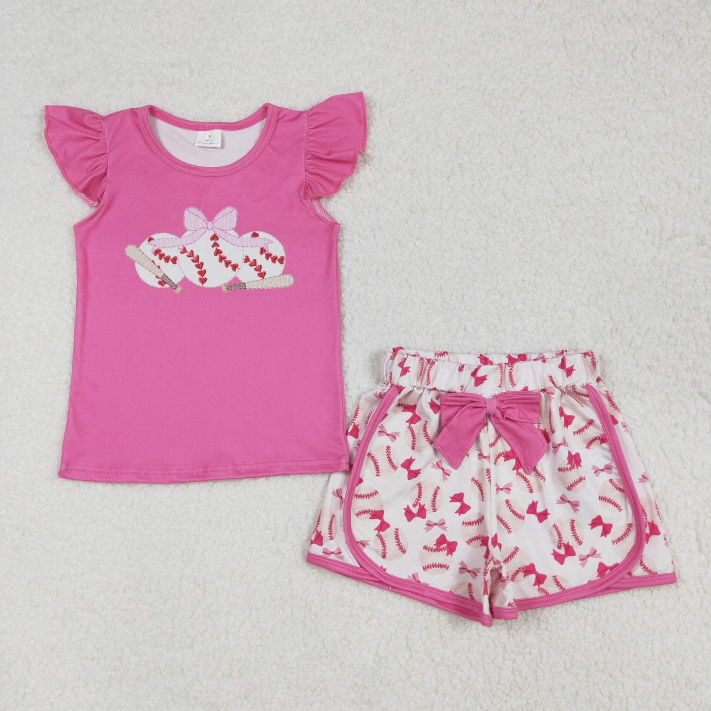 GSSO1685 Rose Pink Bow Baseball Fly Sleeve Top shorts set Girls Boutique outfit 202502 RTS