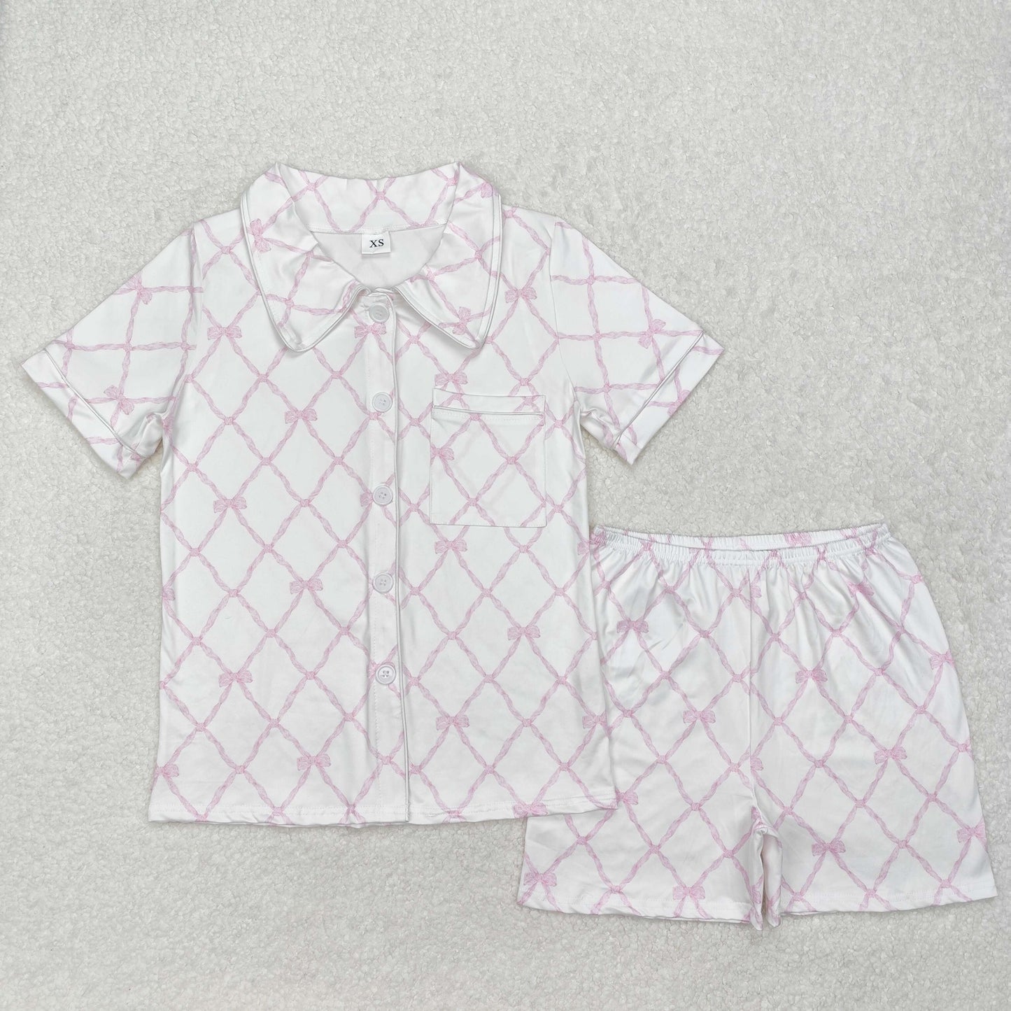 GSSO1708 Adult women's Pink Bow button short sleeve pants pajamas set with pocket RTS 202412