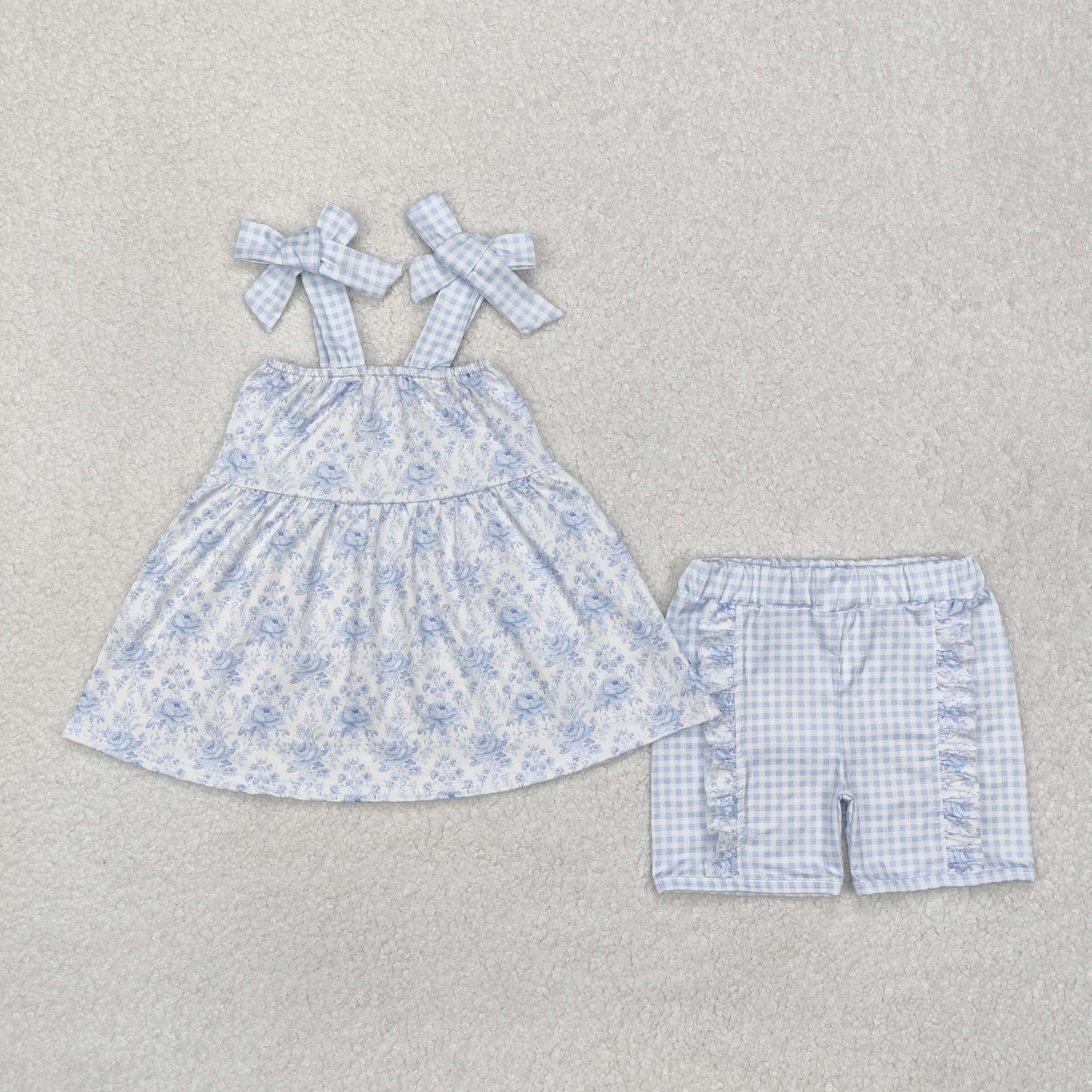 GSSO1716 White Blue sleeveless top shorts outfit with flower valentines Baby girl Boutique outfit RTS 202412