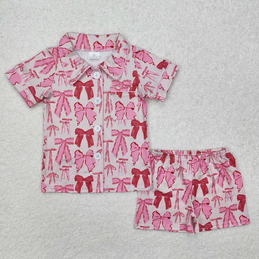 GSSO1718 Sweet girl clothes pink bow button short sleeve top shorts pajamas Girls Boutique outfits 202501 RTS