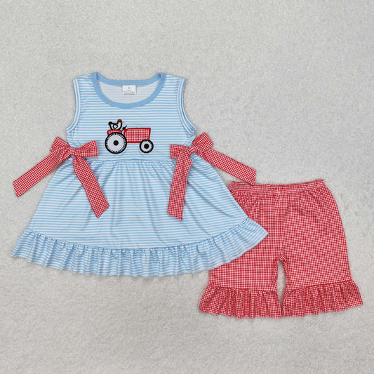 GSSO1728 Embroidered Truck Rooster Blue Striped Red Bow Plaid sleeveless top shorts Girls boutique summer outfit 202501