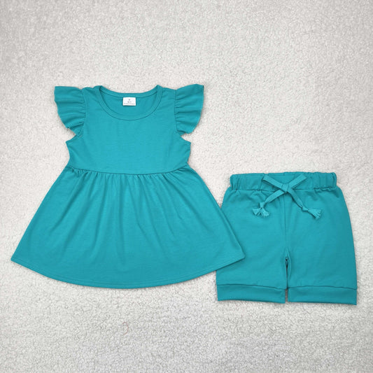 GSSO1731 Pure blue green Fly Sleeve Top shorts set girls boutique outfit 202504 RTS