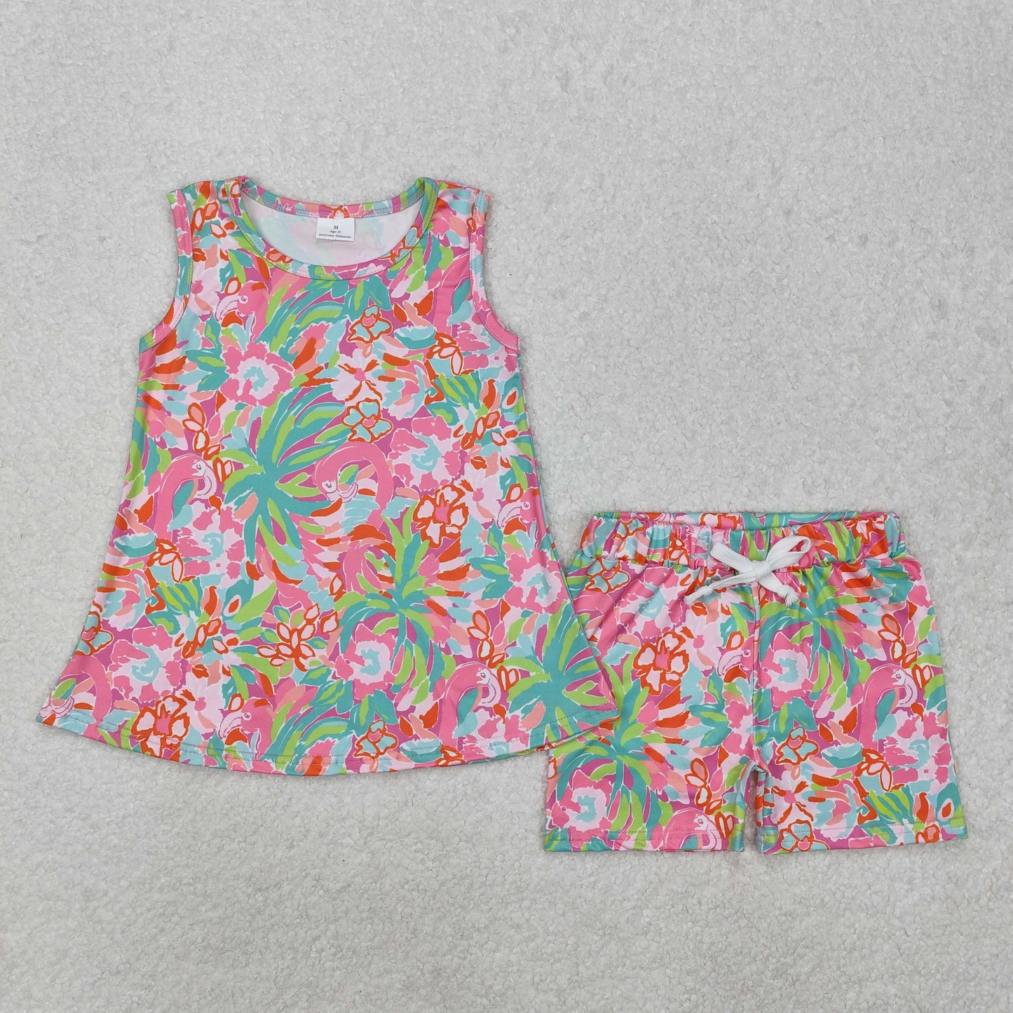 GSSO1749 Rose Red Green flower leaf vest shorts set Girls clothing sets summer outfit RTS 202501
