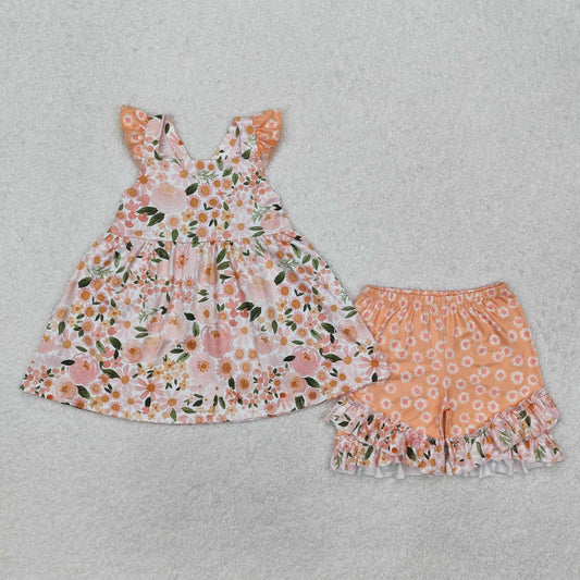 GSSO1763 Orange Ruffled Flower sleeveless top double lace shorts set boutique girls clothing sets summer outfit RTS 202501