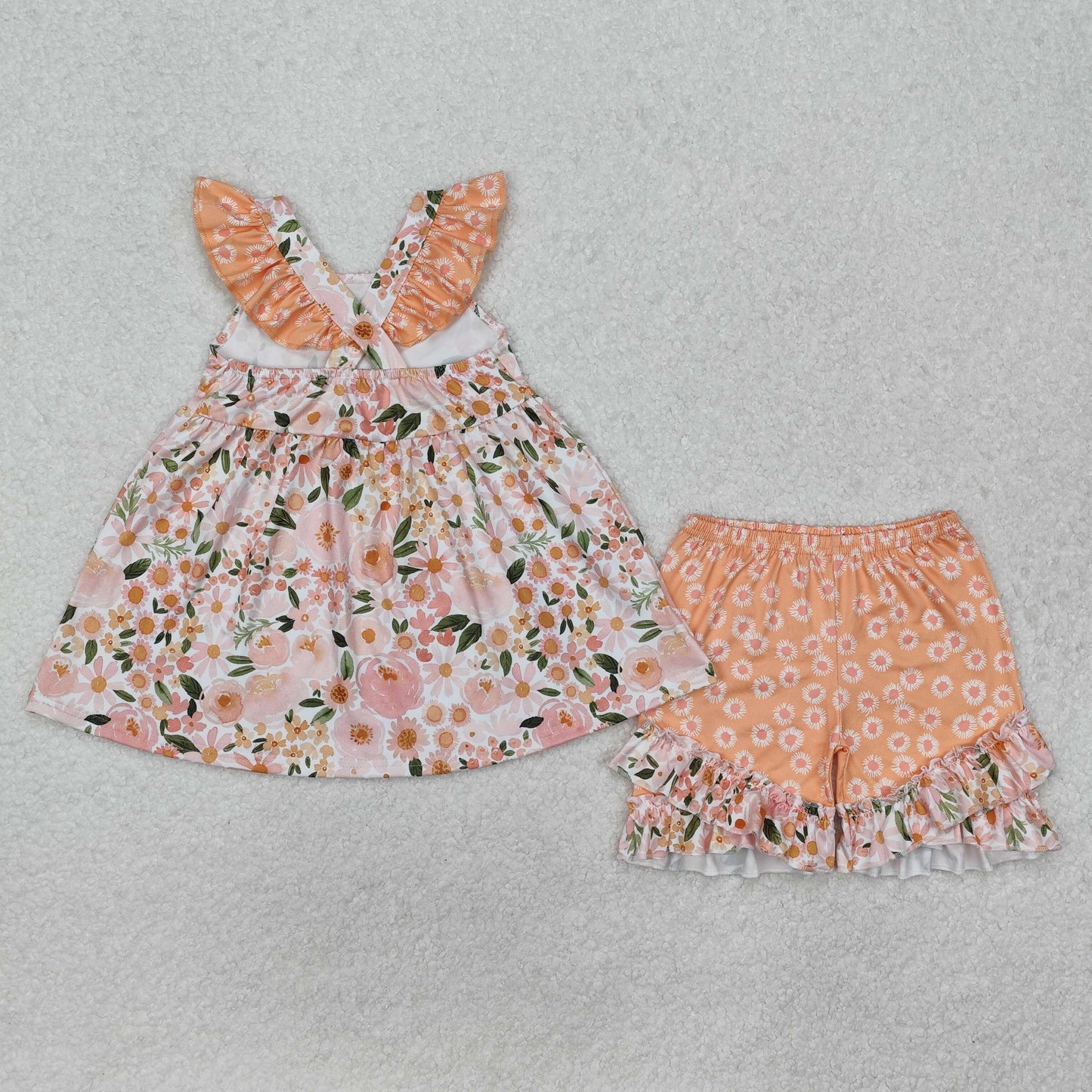 GSSO1763 Orange Ruffled Flower sleeveless top double lace shorts set boutique girls clothing sets summer outfit RTS 202501