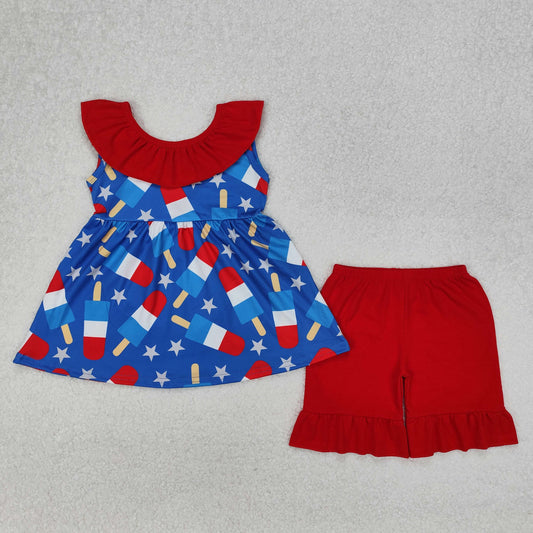 GSSO1765  4th of July Red Blue Star Ice Cream Ruffle Sleeveless Top Shorts Girls boutique Sets 202503 RTS
