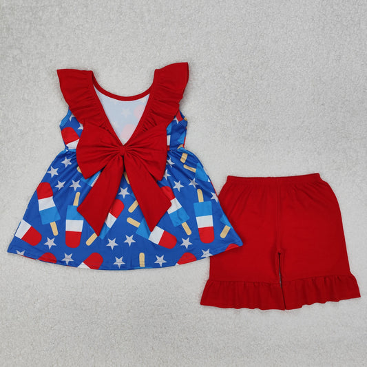 GSSO1765  4th of July Red Blue Star Ice Cream Ruffle Sleeveless Top Shorts Girls boutique Sets 202503 RTS