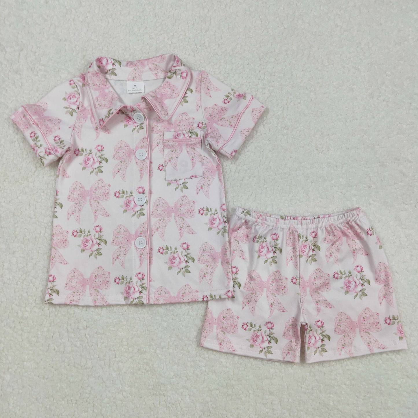 GSSO1780 Pink Flower Bows Button short sleeve top shorts pajamas set Girls Boutique outfit 202502 RTS