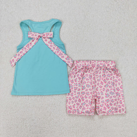 GSSO1784 Blue Pink Leopard Pocket Ruffle Sleeveless Shorts Sets Boutique Girls Outfits 202503 RTS