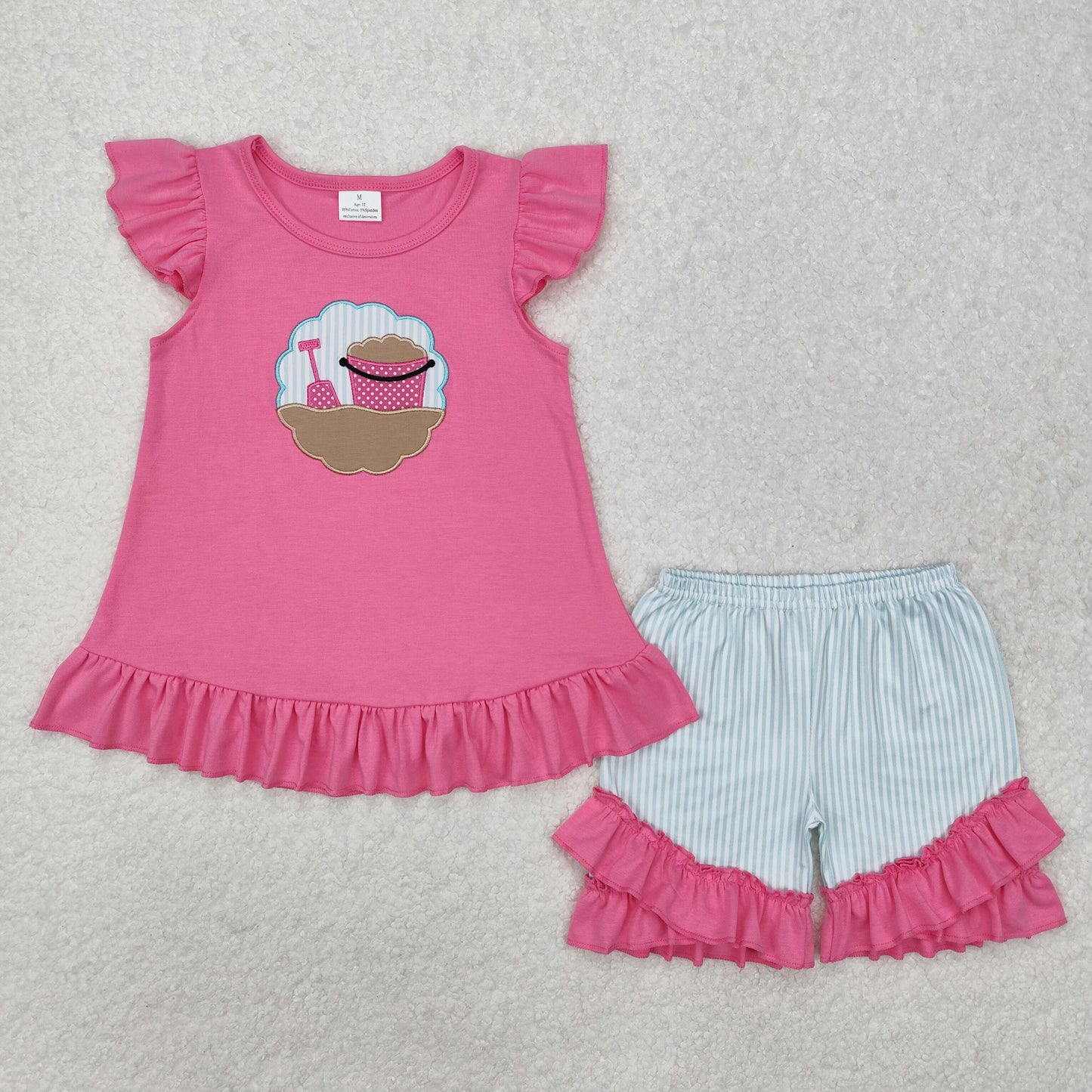 GSSO1785 Hot Pink Embroidery Beach sand Ruffled Flying sleeve top shorts boutique girls clothing sets summer outfit RTS 202501