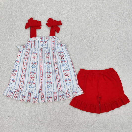 GSSO1786 4th of July Red Blue Bows Striped Ruffle Sleeveless Shorts Girls Boutique Sets 202503 RTS