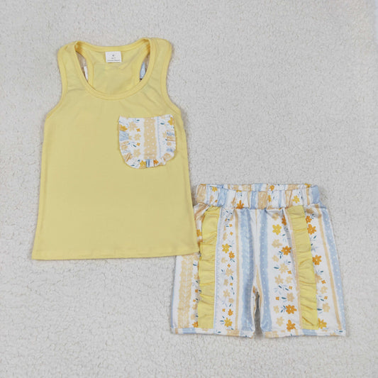 GSSO1788 Yellow Blue Pocket flower refreshing sleeveless top shorts sets Girls Boutique Summer clothes 202502 RTS