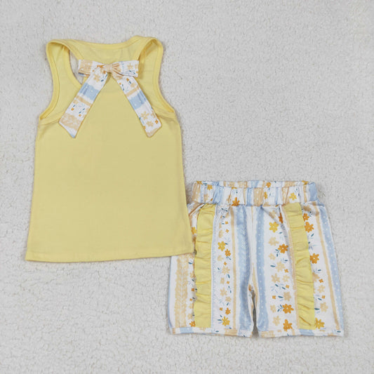 GSSO1788 Yellow Blue Pocket flower refreshing sleeveless top shorts sets Girls Boutique Summer clothes 202502 RTS