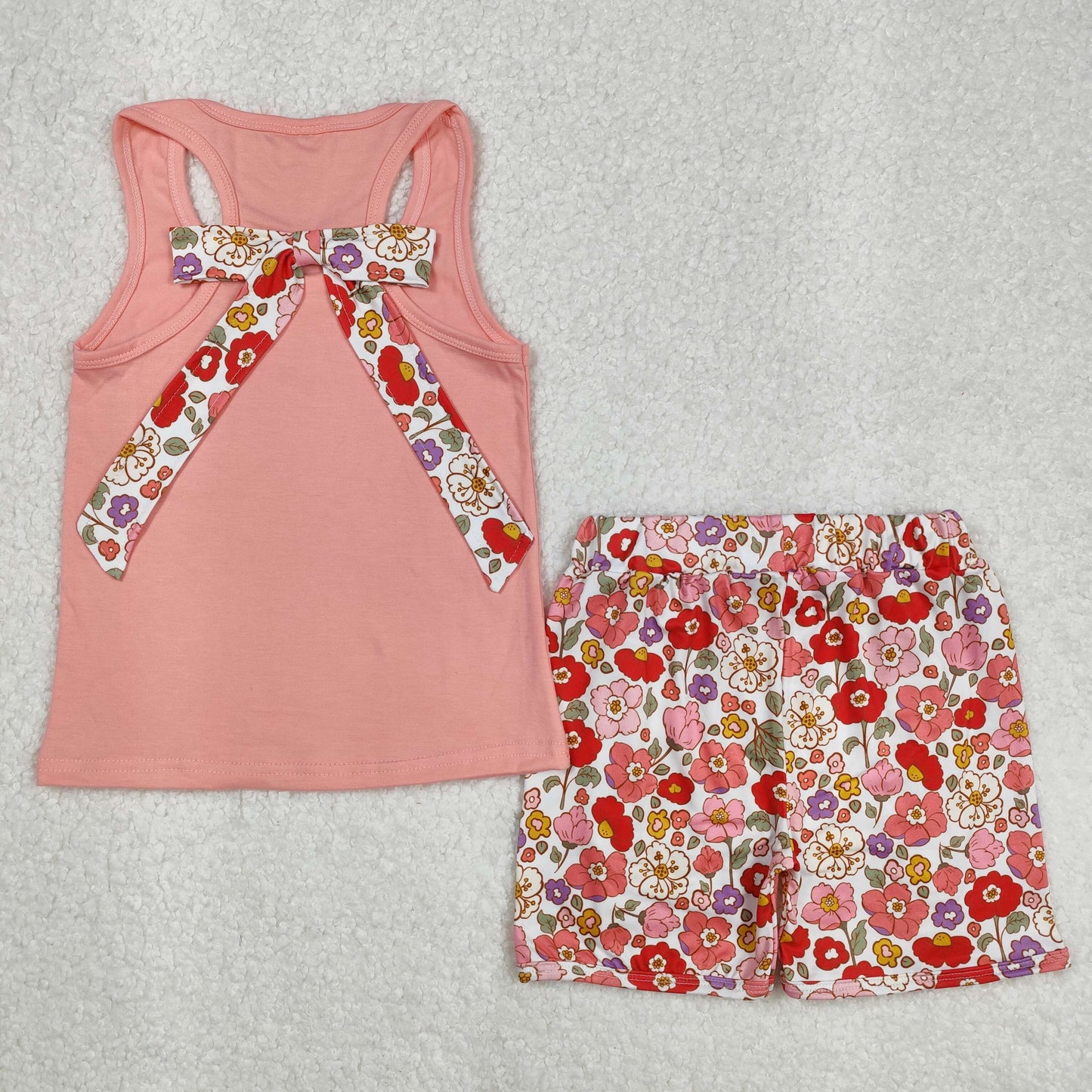 GSSO1793 Orange Pink Flower Bow Ruffle Sleeveless Top shorts set Girls Boutique outfit 202502 RTS