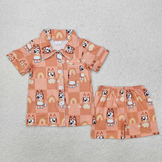 GSSO1801 Cartoon bluey pattern Orange short sleeve button top shorts pajamas set boutique girls clothing sets summer outfit RTS 202501