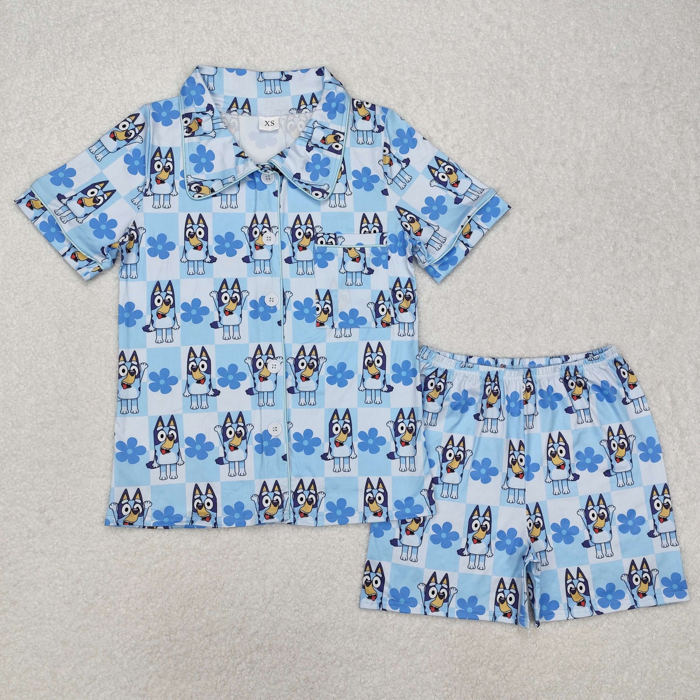 GSSO1803 Adult women's Green Blue Bluey button short sleeve pants pajamas set with pocket Girl summer boutique outfit RTS 202501