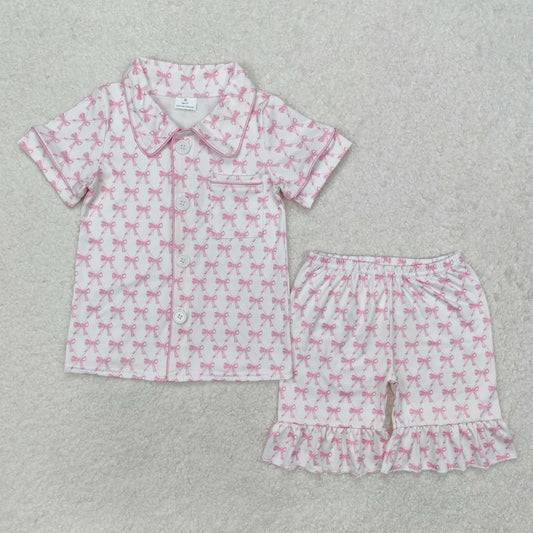 GSSO1820 Hot Pink Bow Button Ruffled short sleeve top shorts pajamas boutique girls clothing sets summer outfit RTS 202501