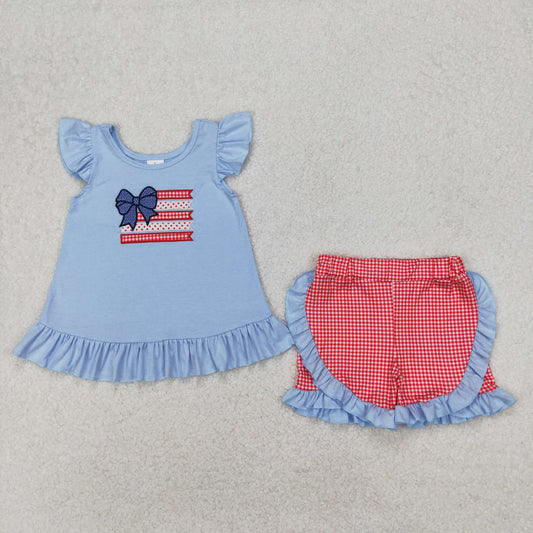 GSSO1822 4th of July Embroidered Blue Red Bows Plaid Striped Fly Sleeve Top Shorts Boutique Girls Clothing Sets 202503 RTS