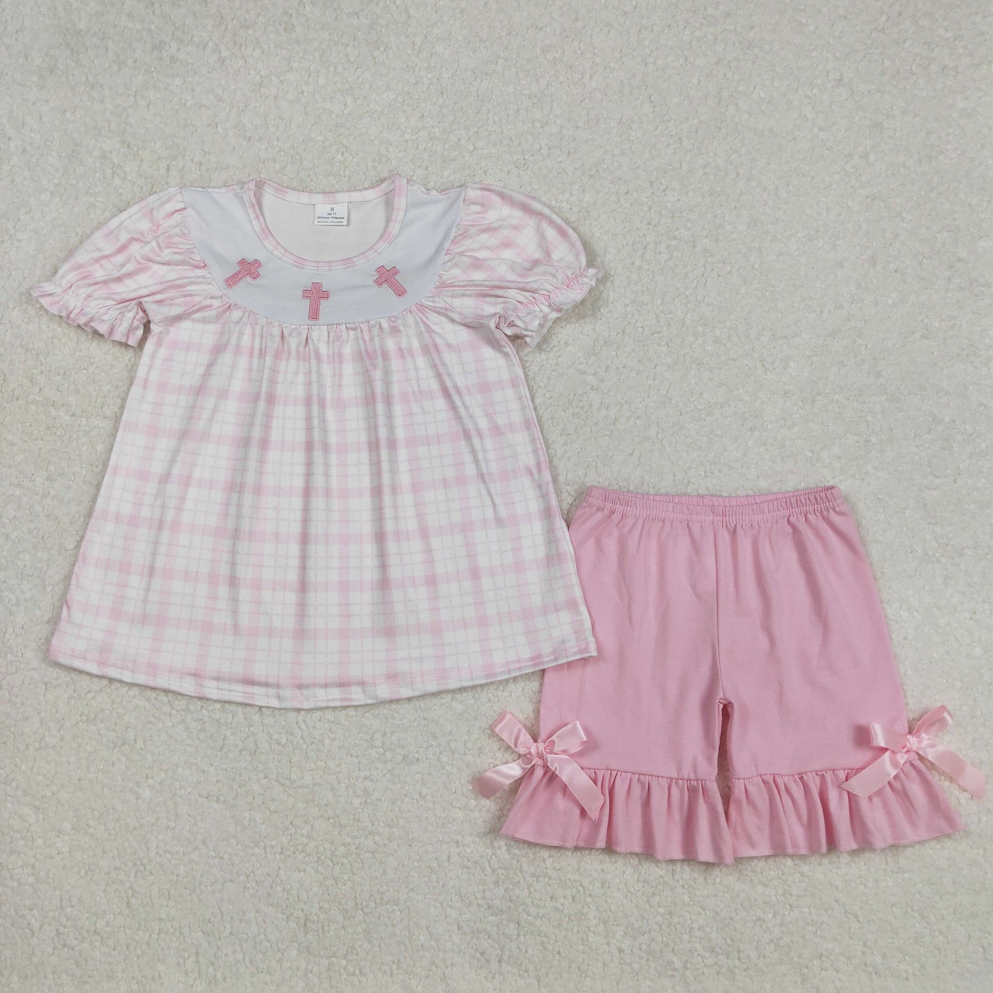 GSSO1855 Embroidered Cross Easter Outfits Pink Plaid Ruffle short sleeve top shorts set Girls Boutique outfit 202502 RTS