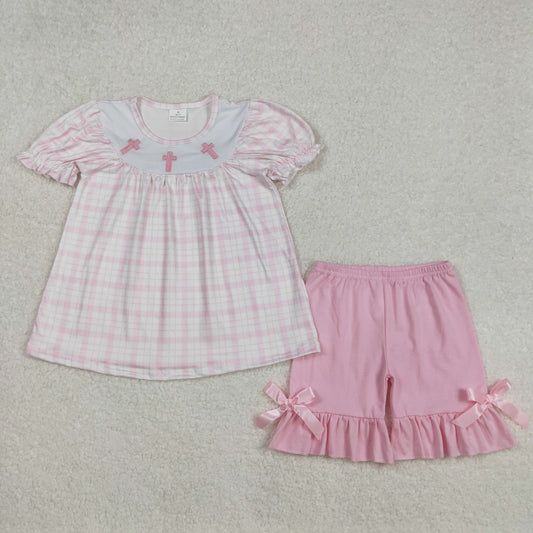 GSSO1855 Embroidered Cross Easter Outfits Pink Plaid Ruffle short sleeve top shorts set Girls Boutique  outfit 202502 RTS