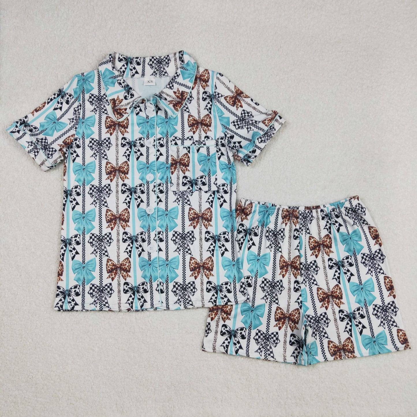 GSSO1865 Western women clothing Blue Black Leopard Button short sleeve top shorts pajamas set Adult Girls Boutique outfit 202502 RTS