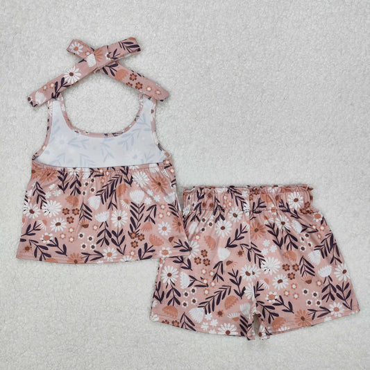 GSSO1870 Brown Flower Leaf Sleeveless top shorts set Girls Boutique outfit 202503 RTS