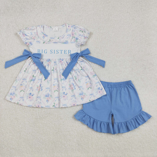 GSSO1875 Big Sister Blue Flower Bow Ruffle Short Sleeve top shorts sets girls boutique outfit 202502 RTS
