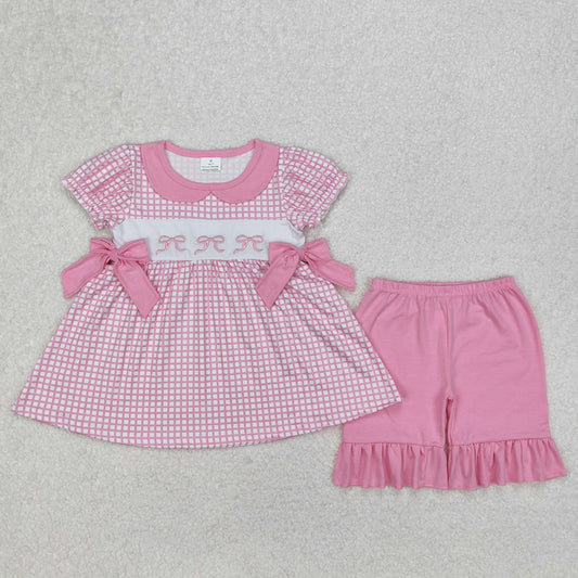GSSO1879 Embroidered Bows Pink Plaid Short Sleeve Top Shorts Girls Boutique Sets 202503 RTS