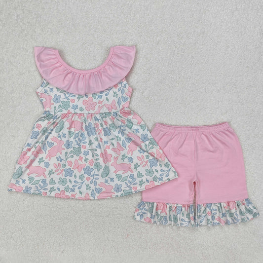 GSSO1881 Easter Bunny Flower Leaf Pink Ruffle Sleeveless Top Shorts Sets Girls Boutique Outfit 202503 RTS