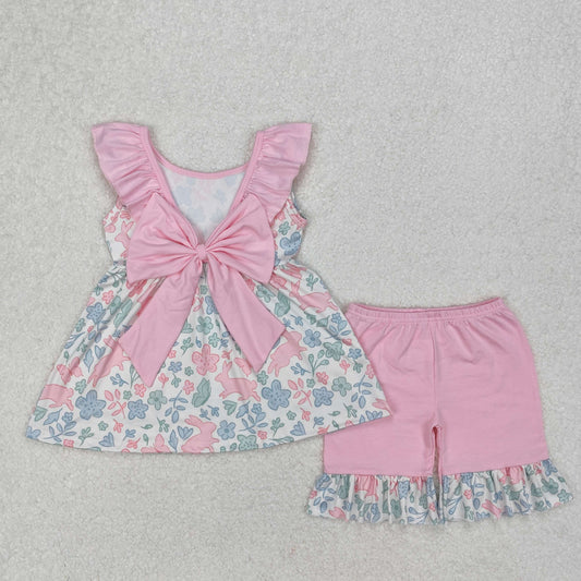GSSO1881 Easter Bunny Flower Leaf Pink Ruffle Sleeveless Top Shorts Sets Girls Boutique Outfit 202503 RTS