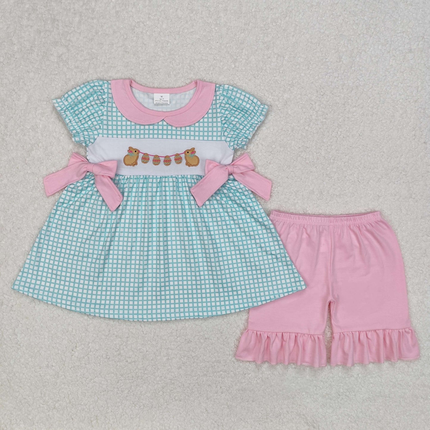 GSSO1882 Embroidered Easter Bunny Green Plaid Pink Ruffle Bows Short Sleeve Top Shorts Sets Girls Boutique Outfit 202503 RTS