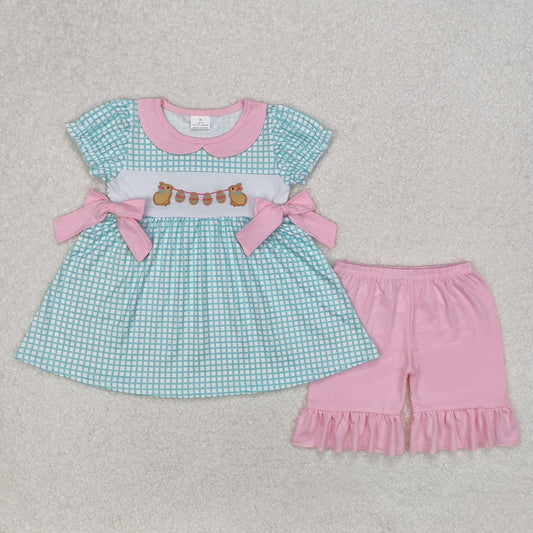 GSSO1882 Embroidered Easter Bunny Green Plaid Pink Ruffle Bows Short Sleeve Top Shorts Sets Girls Boutique Outfit 202503 RTS