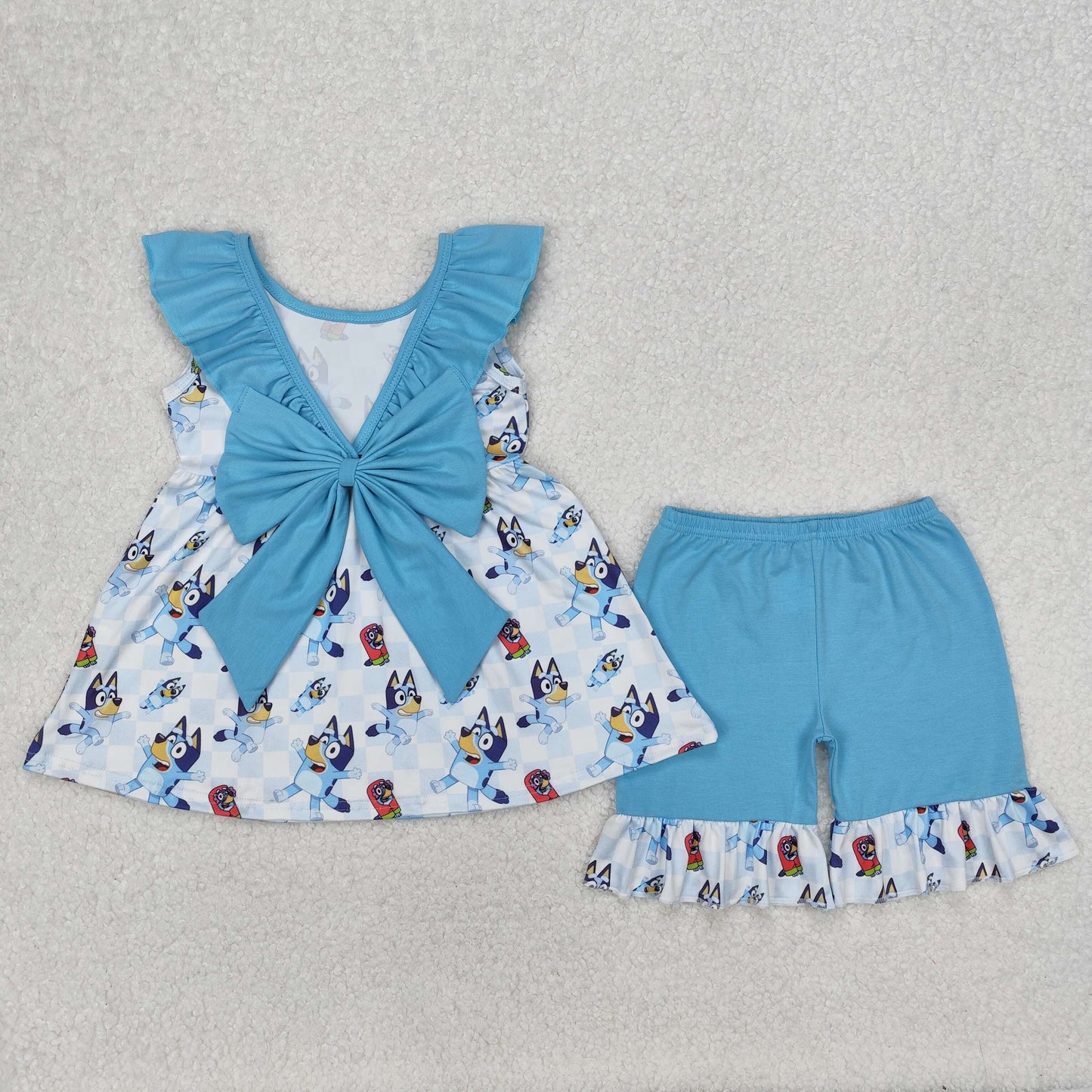 GSSO1886 Bluey Blue Ruffle Sleeveless Top Shorts Girls Boutique Sets 202503 RTS
