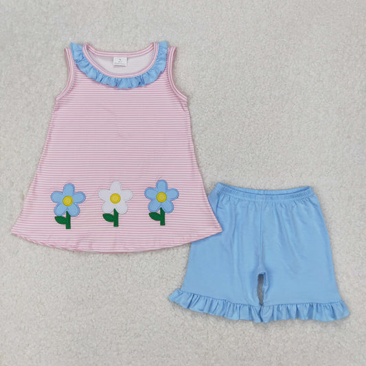 GSSO1895 Embroidered Flower Pink Blue Striped Ruffle Sleeveless Top Shorts Sets Boutique Girls Outfits 202503 RTS