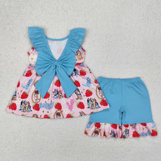 GSSO1904 Cartoon Bluey Blue Ruffle Pink Sleeveless top shorts sets girls boutique outfit 202503 RTS
