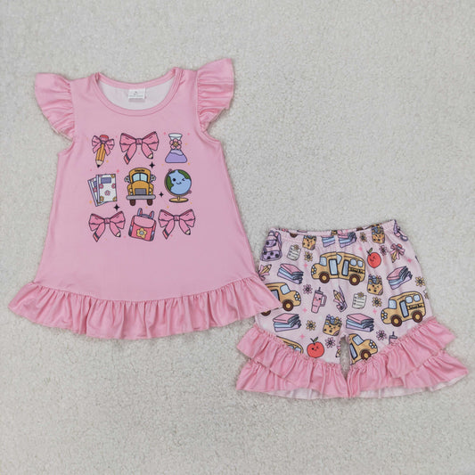 GSSO1910 Back To School Pink Fly Sleeve Top Shorts Sets Girls Boutique Outfits 202504 RTS