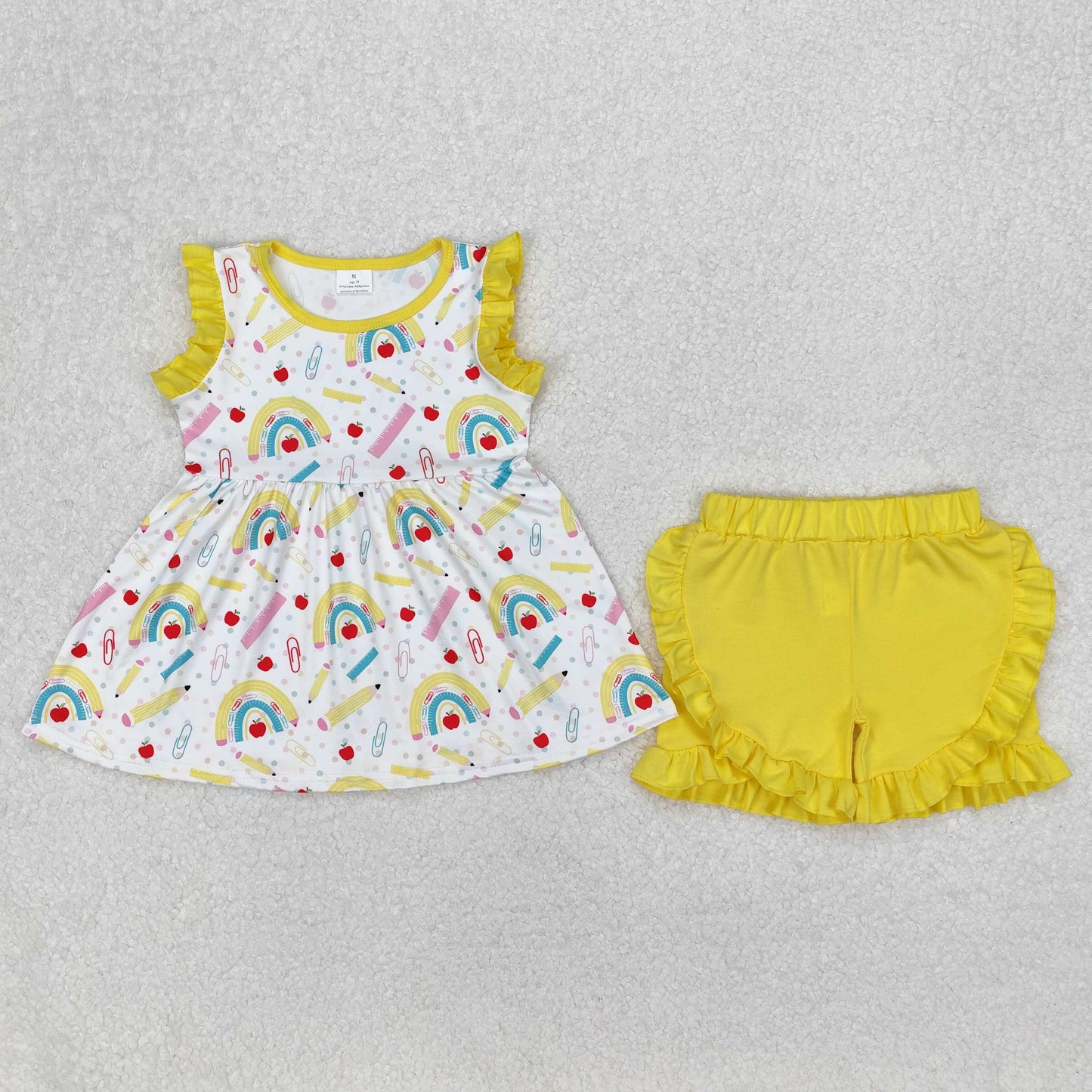 GSSO1913 Yellow Rainbow Pencil Apple Ruffle Sleeveless Shorts Girls Boutique Sets 202503 RTS