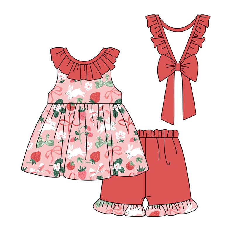GSSO1914 Easter Rabbits Red Ruffle Bow Strawberry Sleeveless top shorts sets Baby Girls boutique outfit 202503 RTS