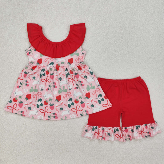 GSSO1914 Easter Rabbits Red Ruffle Bow Strawberry Sleeveless top shorts sets Baby Girls boutique outfit 202503 RTS