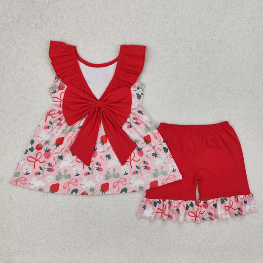 GSSO1914 Easter Rabbits Red Ruffle Bow Strawberry Sleeveless top shorts sets Baby Girls boutique outfit 202503 RTS