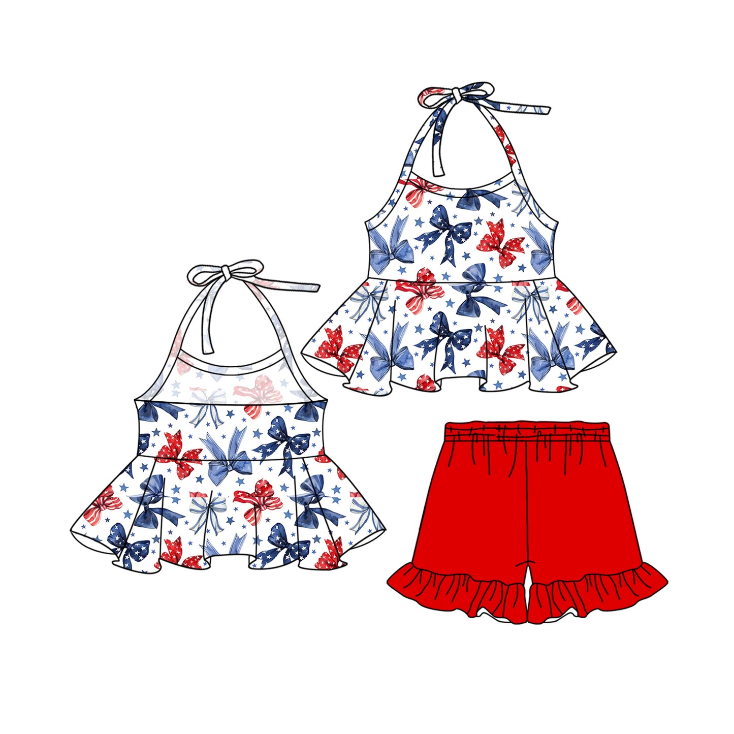 GSSO1928 4th of July American Girl Red Blue Bows Ruffle Sleeveless Shorts Girls Summer Clothes 202503 RTS