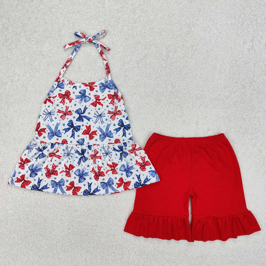 GSSO1928 4th of July American Girl Red Blue Bows Ruffle Sleeveless Shorts Girls Summer Clothes  202503 RTS