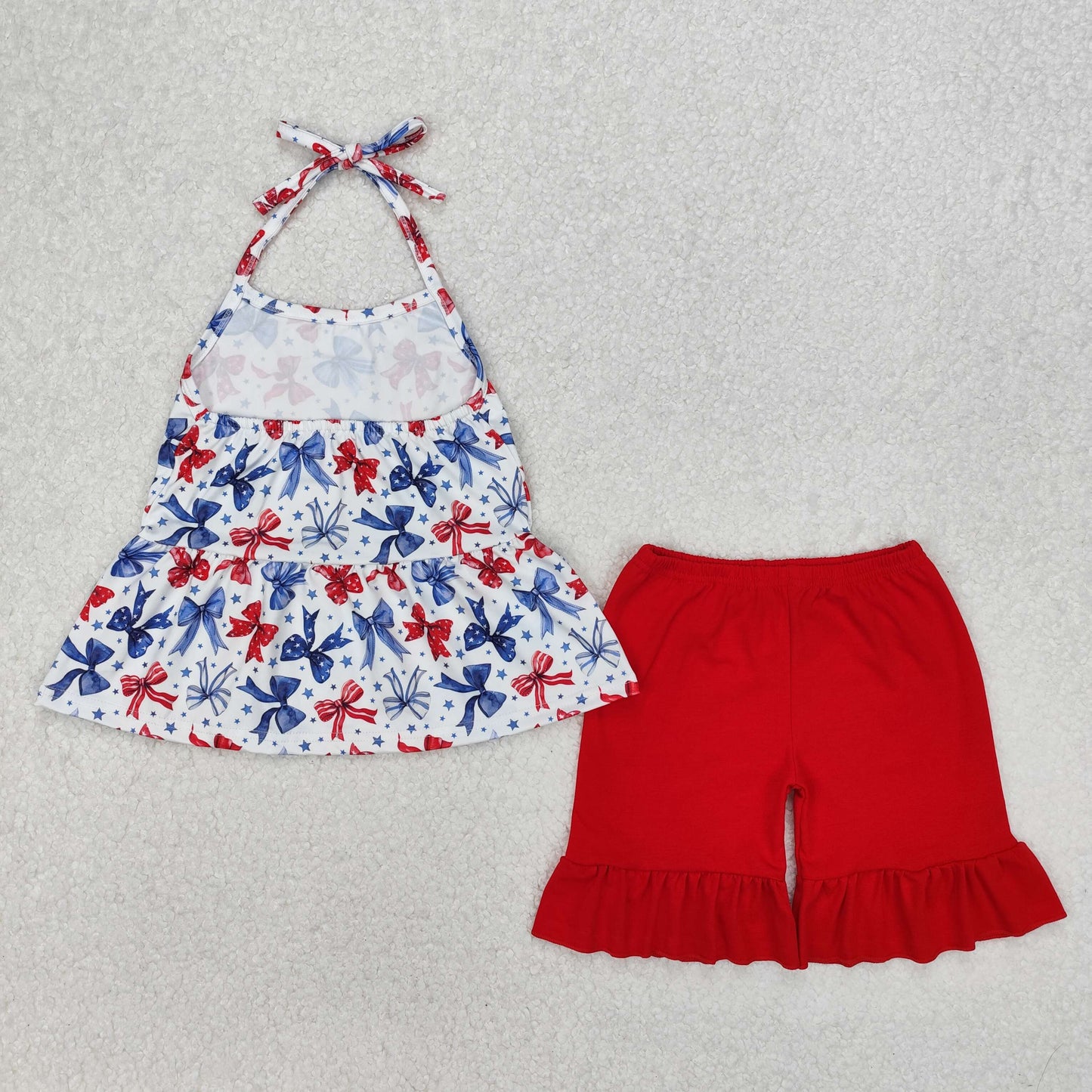 GSSO1928 4th of July American Girl Red Blue Bows Ruffle Sleeveless Shorts Girls Summer Clothes 202503 RTS