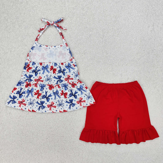 GSSO1928 4th of July American Girl Red Blue Bows Ruffle Sleeveless Shorts Girls Summer Clothes  202503 RTS