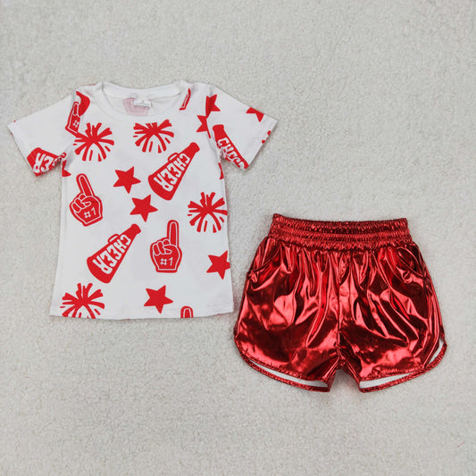 GSSO1937 Cheer Star Fireworks White Red short sleeve top shining leather shorts sets girls boutique outfits 202503 RTS