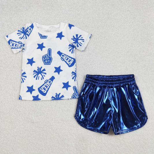 GSSO1938 4th of July Cheers Fireworks Star Blue Short Sleeve top shining leather shorts sets girls boutique outfit 202502 RTS