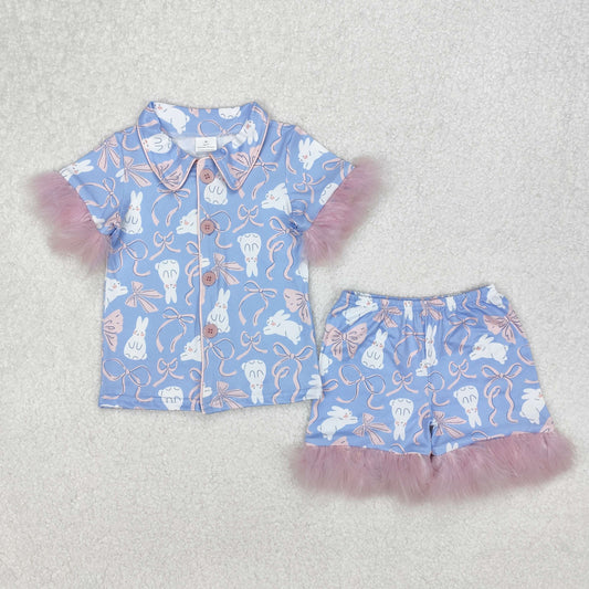 GSSO1946 Easter Outfits Blue Pink Plush Bunny Bow Button Short Sleeve Top Shorts Pajamas Sets Girls Boutique Outfit 202503 RTS